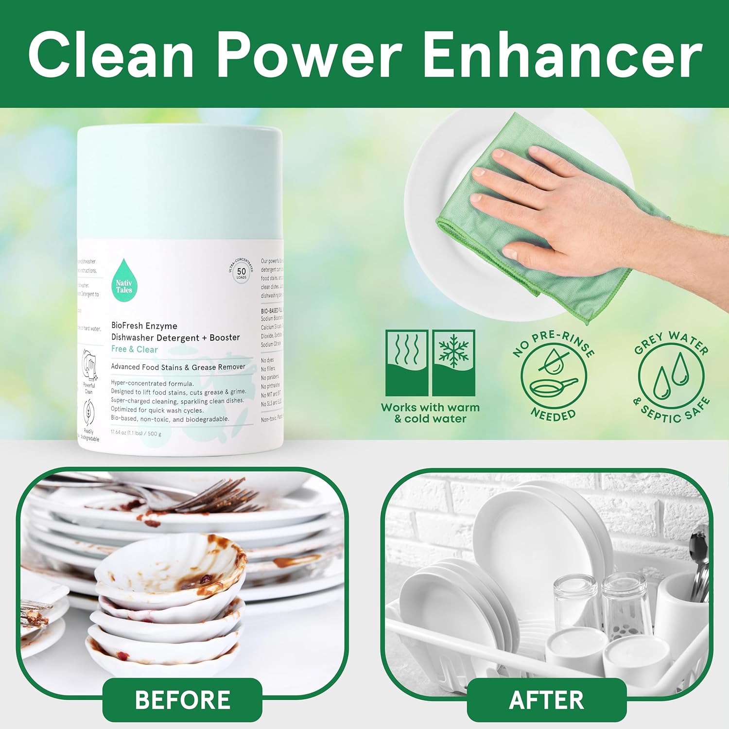 Dishwasher Detergent Powder and Booster, Dishwashing Detergent Powder Ultra Clean, Spot Free, Quick Wash Optimized Dish Washing Powder, Hyper Concentrated, High-Efficiency Dishwashing Solution : Health & Household