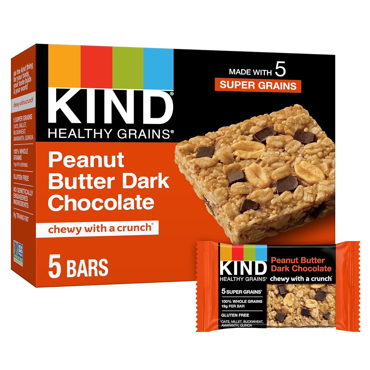 Kind Healthy Grains Bars, Peanut Butter Dark Chocolate, 1.2 Ounce, 5 Count