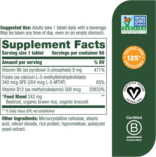 MegaFood Methyl B12 - Vegan - Includes Methyl Folate, Vitamin B12 & B6 - Supports Cellular Energy Production, Nervous System Health & Cardiovascular Function - 60 Tablets