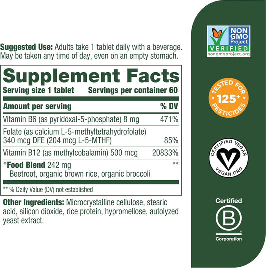 Megafood Methyl B12 - Vegan - Includes Methyl Folate, Vitamin B12 & B6 - Supports Cellular Energy Production, Nervous System Health & Cardiovascular Function - 60 Tablets