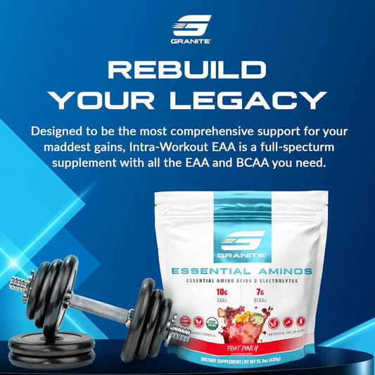 Granite 10G Essential Amino Acids Powder (30 Servings) Muscle Recovery Supplement For Muscle Growth - 7G Bcaa Powder With Electrolytes, Soy And Gluten-Free, Made In Usa, Fruit Punch Flavor