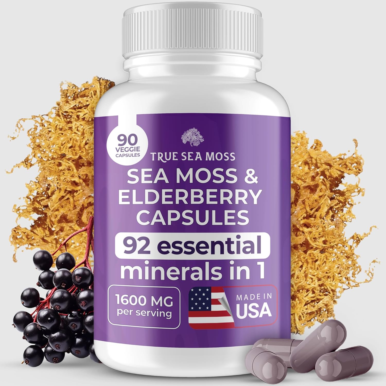 Sea Moss 1600Mg + Elderberry - 90 Capsules - Super Food Boosts The Immune System & Digestive Health Gut Health Skin & Joint Health Raw Sea Moss & Elderberry Pills (1 Pack)…