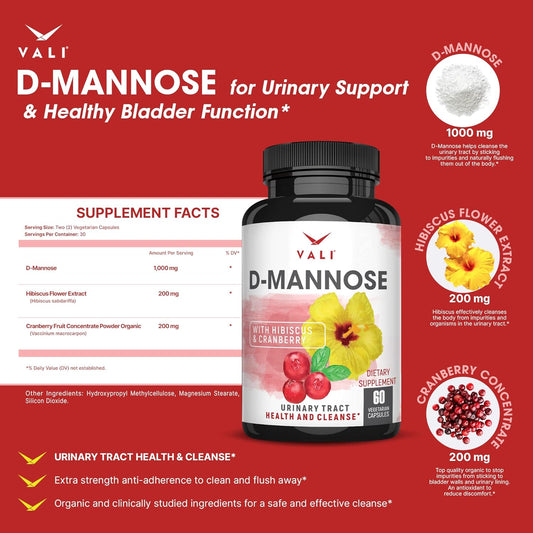 Vali D-Mannose 1000Mg Urinary Tract Health Formula. Organic Cranberry Fruit Powder & Hibiscus. Healthy Bladder, Natural Cleanse, Fast Detox Flush, Herbal Ut Function Support Pills. 60 Veggie Capsules