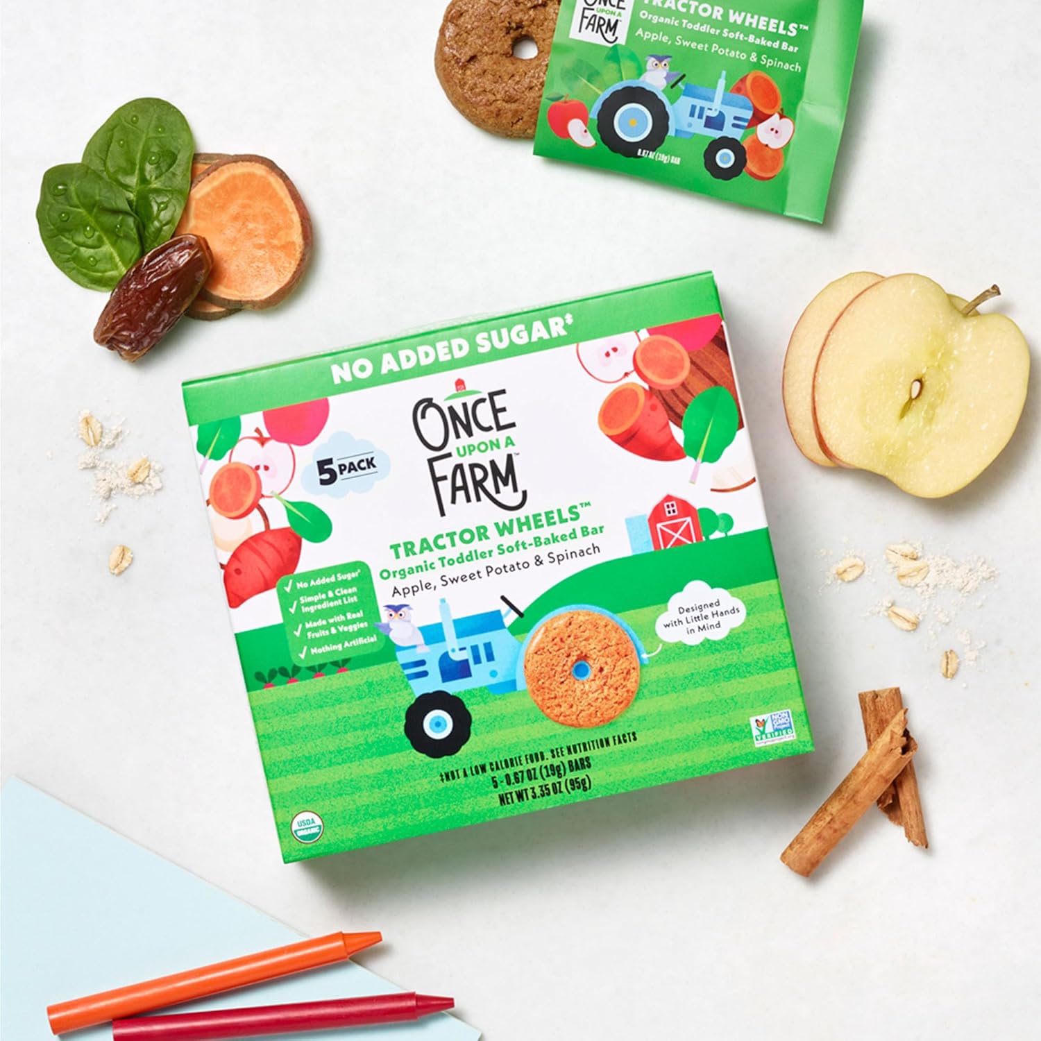 Once Upon a Farm Organic Tractor Wheels Toddler Bar, Apple, Sweet Potato & Spinach | 8 boxes : Baby