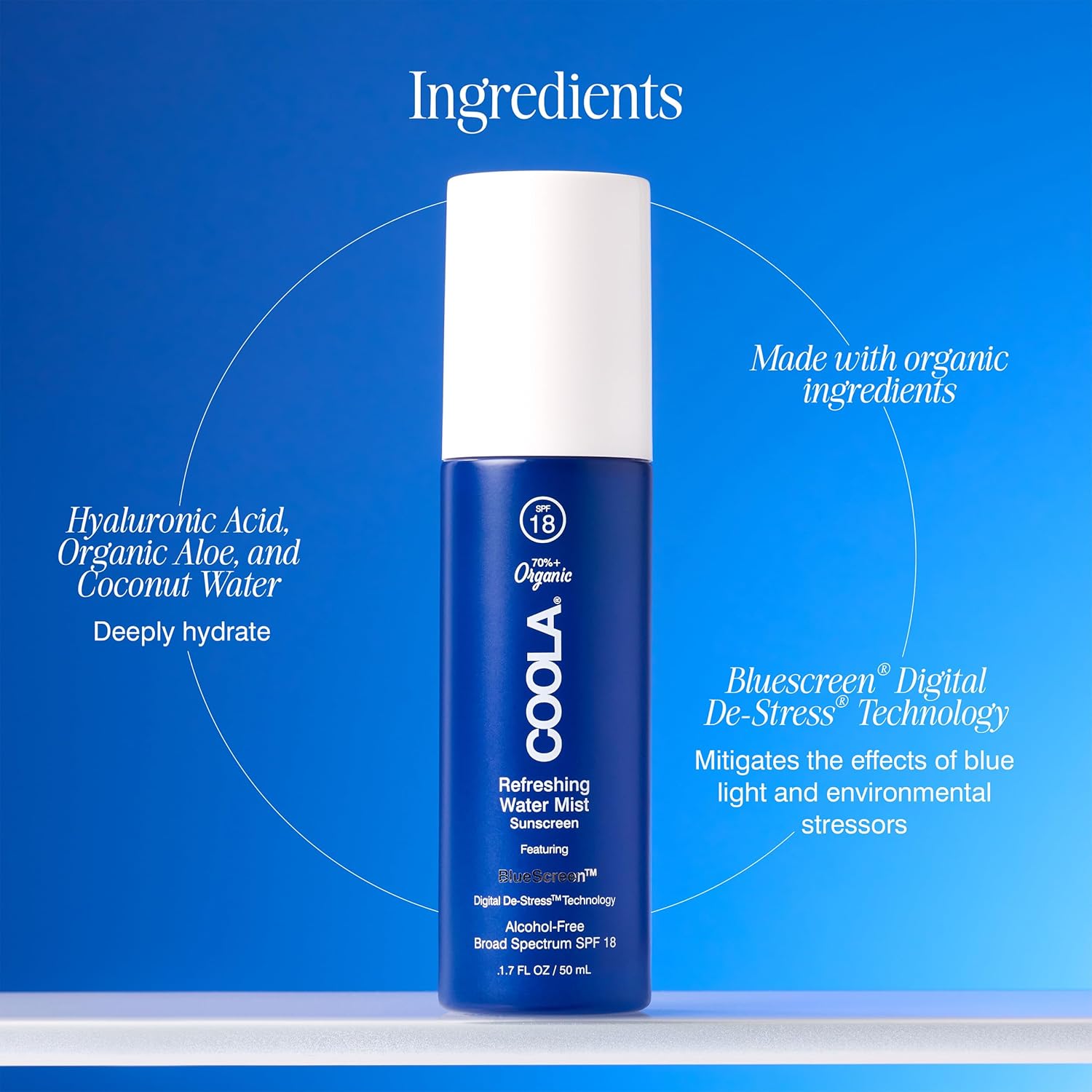 Coola Organic Refreshing Water Mist Face Moisturizer With Spf 18, Dermatologist Tested Face Sunscreen With Plant-Derived Bluescreen Digital De-Stress Technology, 1.7 Fl Oz : Beauty & Personal Care