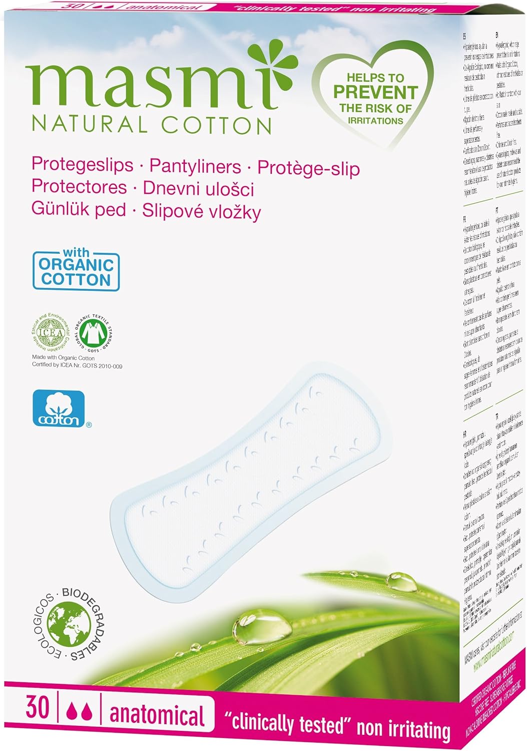 Masmi Anatomical Pantyliners Organic Cotton For Light Discharge, Hypoallergenic, Biodegradable. Free From Perfume, Viscose, Rayon, Chlorine And Dioxins (30)