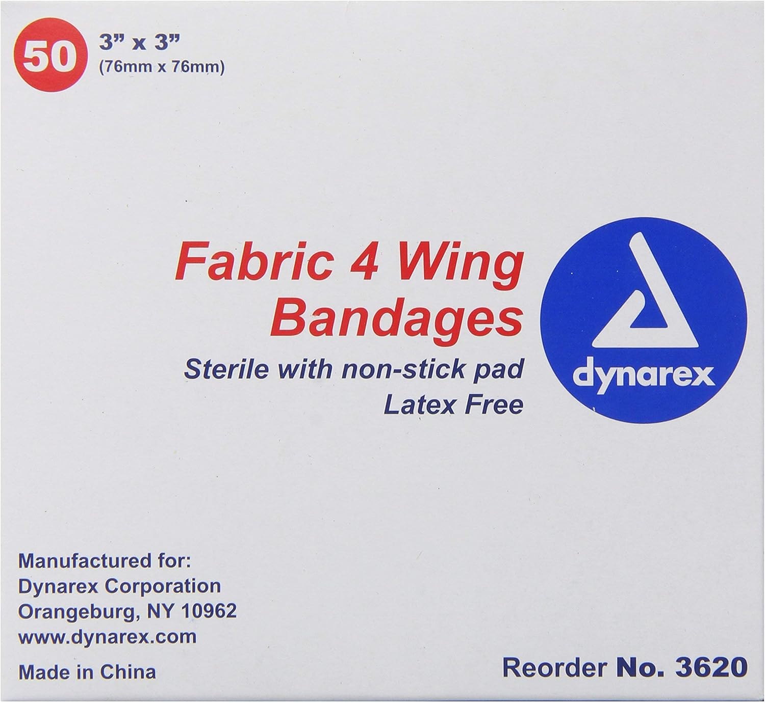 Dynarex Adhesive Fabric Bandage, 3 Inches X 3 Inches Sterile, 4 Wing, 50 Count