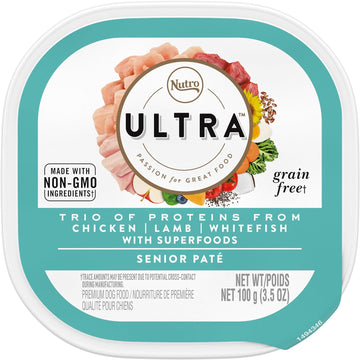 NUTRO ULTRA Senior Grain Free Soft Wet Dog Food, Trio of Proteins Chicken, Lamb & Whitefish Paté with Superfoods, 3.5 oz. Trays, Pack of 24