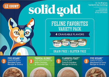 Solid Gold Wet Cat Food Variety Pack - Pate & Shreds In Gravy Recipes - Made With Real Chicken, Tuna & Mackerel For Sensitive Stomach & Immune Health - Canned, 12 Pack