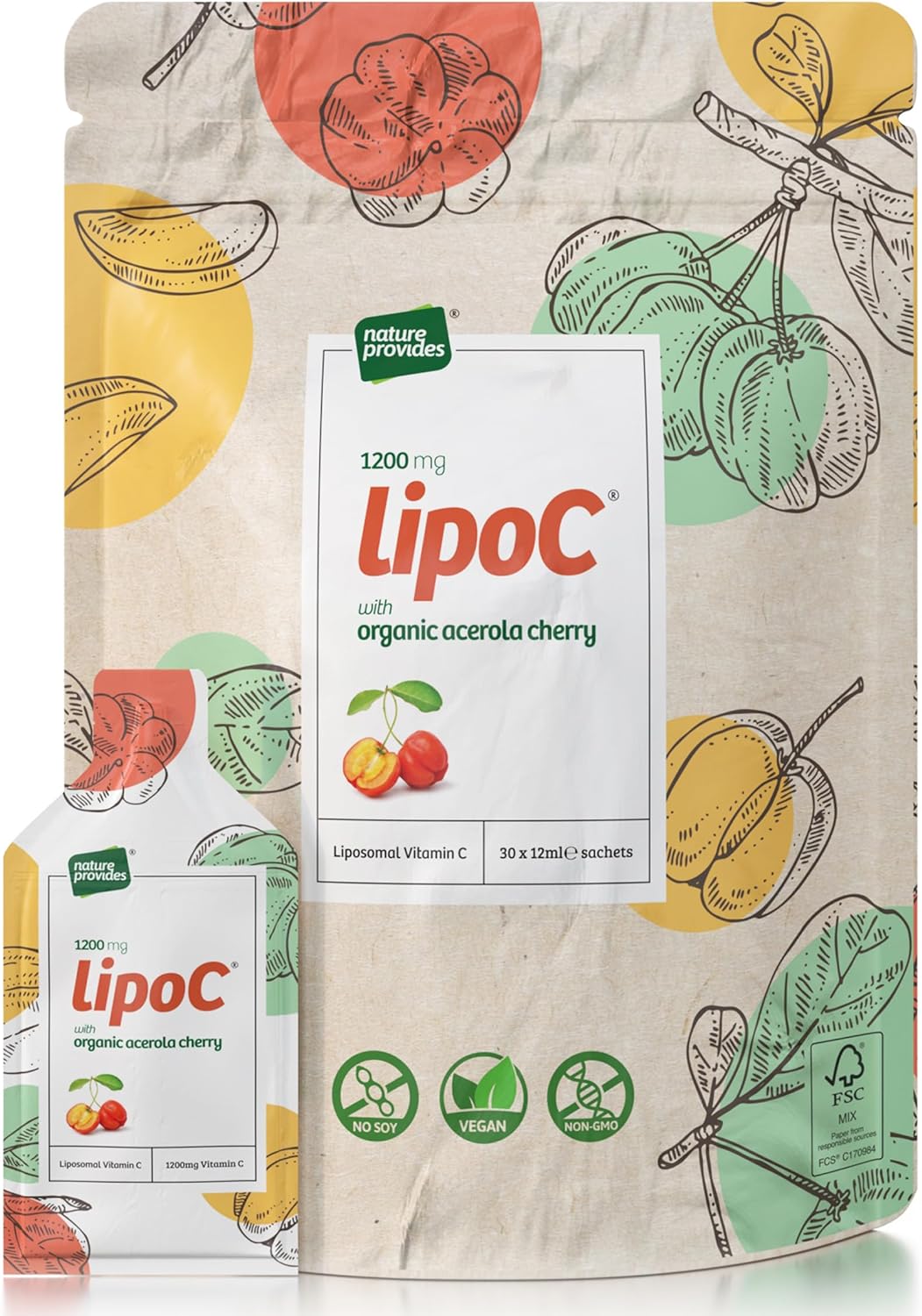 Liposomal Vitamin C 1200mg with Organic Acerola Cherry | LipoC for Immune System, Collagen | 1.2g Liquid, Non-GMO Sunflower Lecithin | Natural lypo-spheric C (High Strength) in 30 sachets