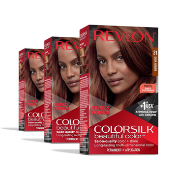 Revlon Colorsilk Beautiful Color Permanent Hair Color, Long-Lasting High-Definition Color, Shine & Silky Softness With 100% Gray Coverage, Ammonia Free, 31 Dark Auburn, 3 Pack