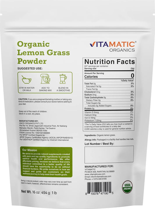 Vitamatic Certified USDA Organic Lemon Grass Powder 1 Pound (16 Ounce)