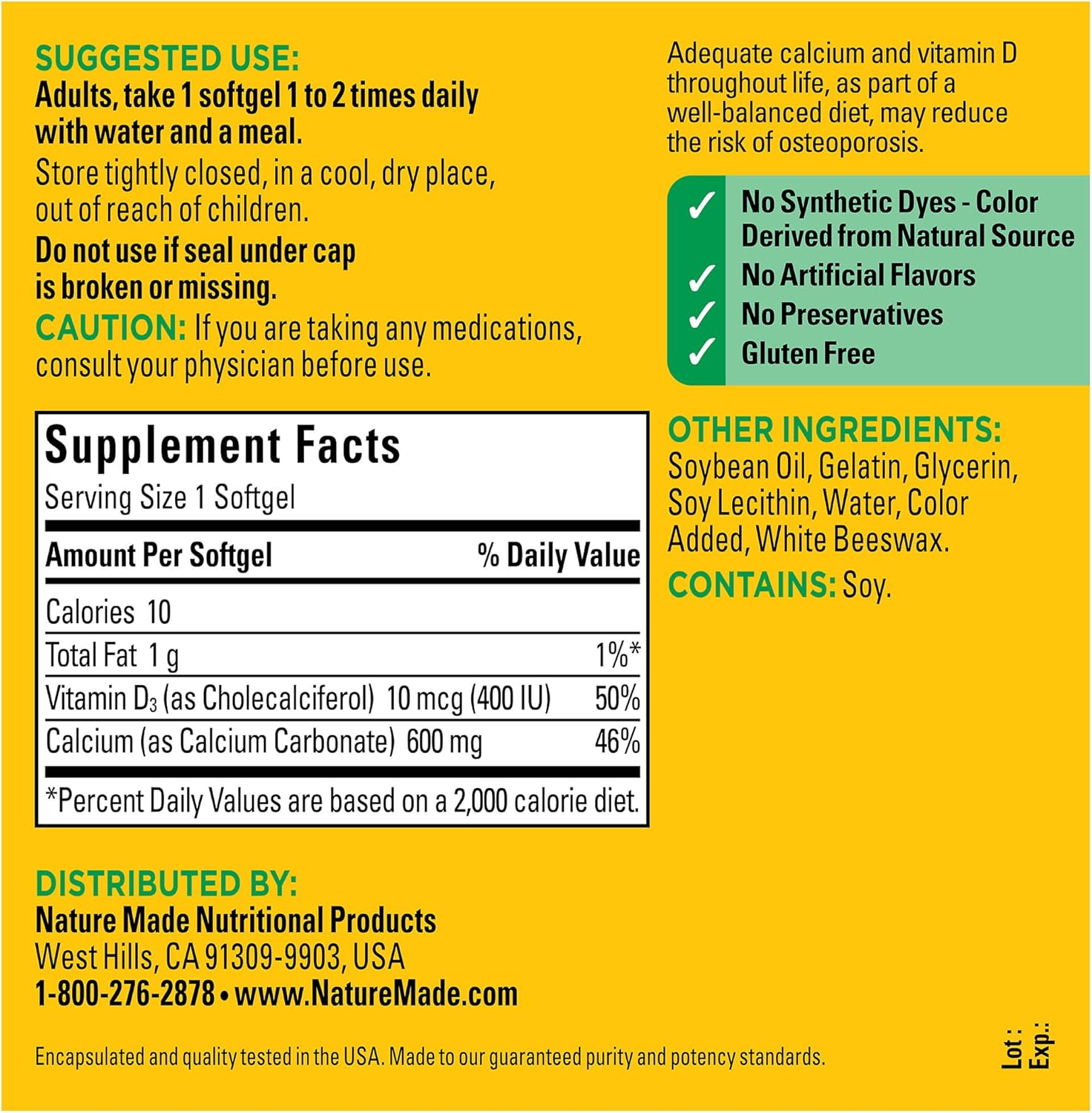 Nature Made Calcium 600 Mg With Vitamin D3, Dietary Supplement For Bone Support, 100 Softgels