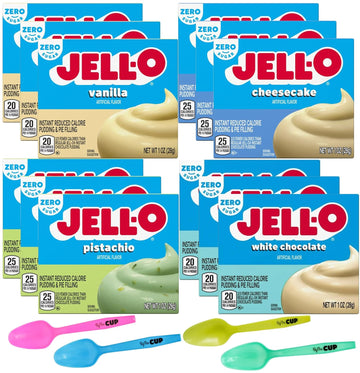 Jell-O Zero Sugar Instant Pudding & Pie Filling Mix, 3 of each: Cheesecake, Pistachio, White Chocolate, Vanilla with By The Cup Mood Spoons