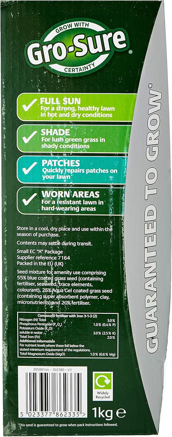 Gro-Sure Aqua Gel Coated Smart Grass Lawn Seed, 25 m2, 1 kg :Garden