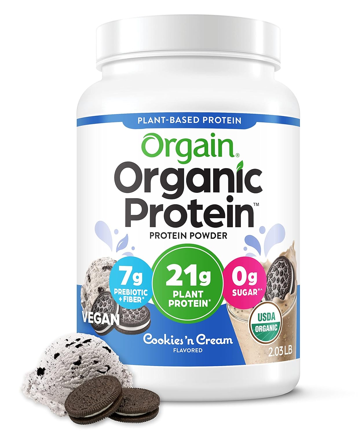 Orgain Organic Vegan Protein Powder, Cookies & Cream - 21G Plant Based Protein, 7G Prebiotic Fiber, Low Net Carb, No Lactose Ingredients, No Added Sugar, Non-Gmo, For Shakes & Smoothies, 2.03 Lb