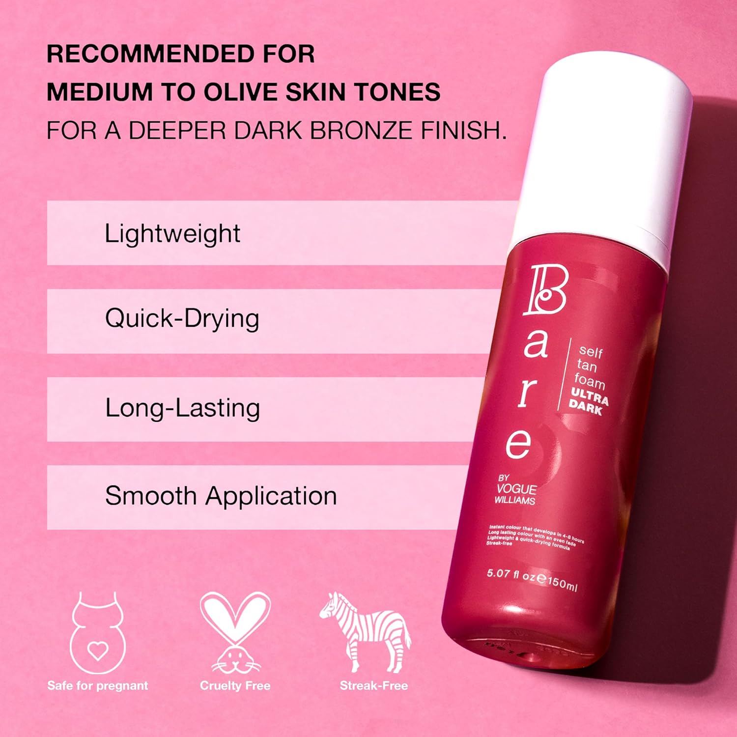 Bare by Vogue - Ultra Dark Tan Self-Tanning Foam - Suitable for All Skin Types - Self Tanner for Face & Body - Long-Lasting Fake Tan - 150ML : Amazon.co.uk: Beauty