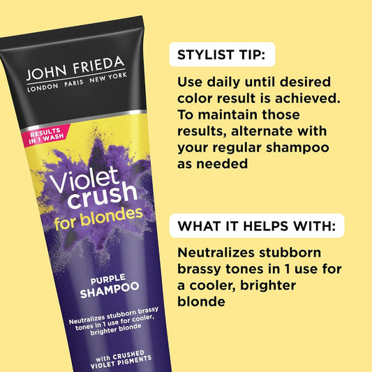 John Frieda Violet Crush Purple Shampoo for Blonde Hair, Blonde Toner Neutralizes Brassy Yellow Tones for Bleached, Platinum, and Natural Blonde Hair, 8.3 Ounce
