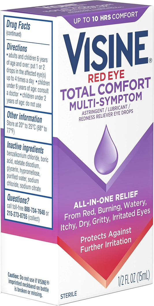 Visine Multi-Symptom Eye Drops - Astringent, Lubricant & Redness Reliever For Irritated, Dry, Red Eyes - 0.5 Fl. Oz