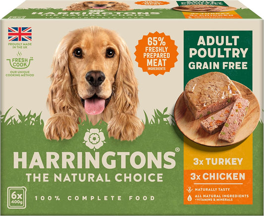 Harringtons Complete Wet Tray Grain Free Hypoallergenic Adult Dog Food Poultry Pack 6x400g - Turkey & Chicken - Made with All Natural Ingredients?HARRWP-C400