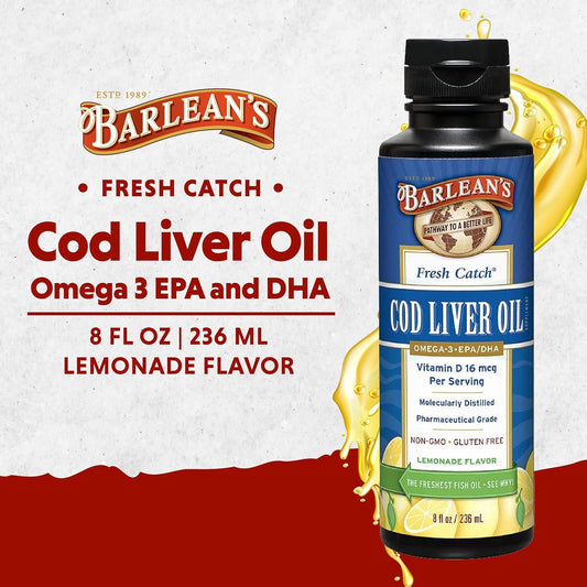 Barlean's Cod Liver Oil Liquid Supplement, Omega 3 Fish Oil with 900mg