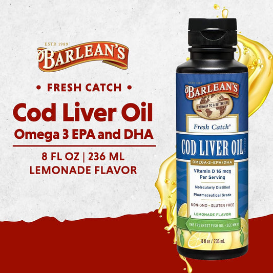 Barlean's Cod Liver Oil Liquid Supplement, Omega 3 Fish Oil with 900mg EPA and DHA Plus Vitamin D, Supplements for Joint, Brain, and Heart Health Support, Lemonade Flavor, 8 oz