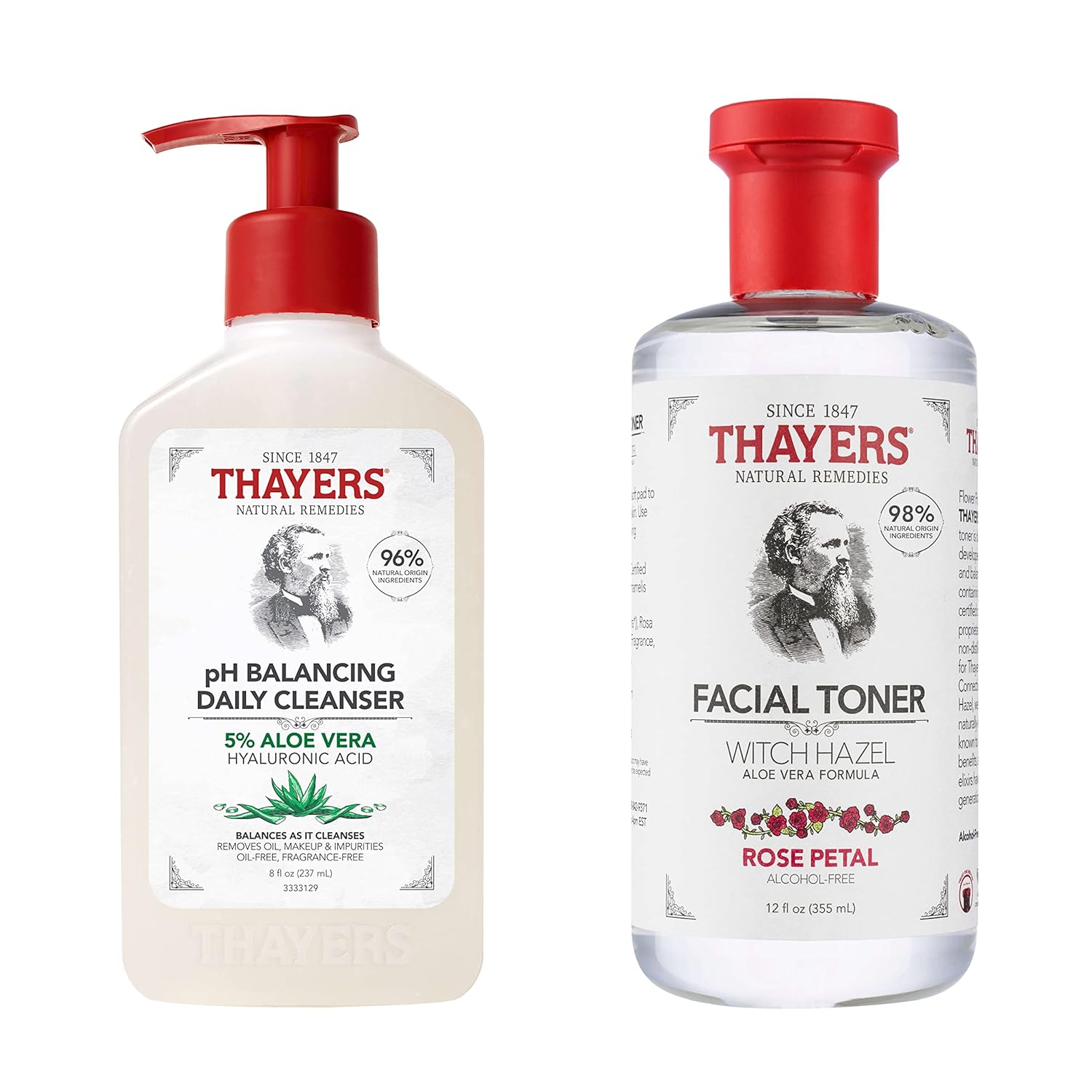 Thayers Alcohol-Free, Hydrating, Rose Petal Toner With Aloe Vera Formula, 12 Fl Oz + Thayers Ph Balancing Daily Cleanser, Face Wash With Aloe Vera, Gentle And Hydrating Skincare, 8 Fl Oz