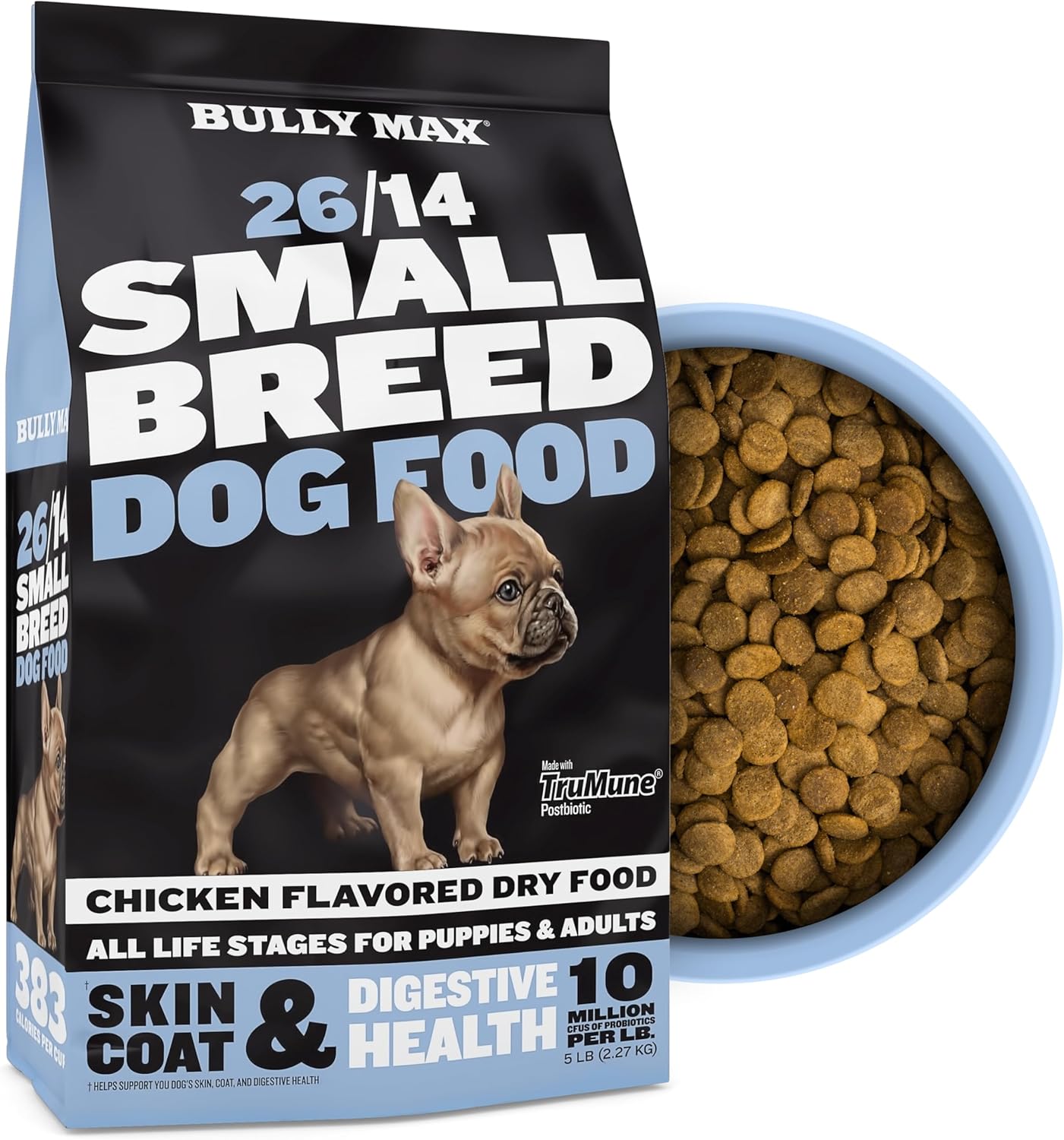 Bully Max 26/14 Small Breed Dry Dog Food For Skin, Coat & Sensitive Stomach - Chicken & Rice, Dry Soft Kibble Bites For Puppies, Adult & Senior Dogs - Natural French Bulldog Puppy Food, 5 Lbs