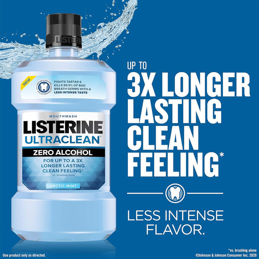 Listerine Ultraclean Zero Alcohol Tartar Control Mouthwash, Oral Rinse To Help Fight Bad Breath And Tartar, For Cleaner, Naturally White Teeth, Less Intense Arctic Mint Taste, 500 Ml