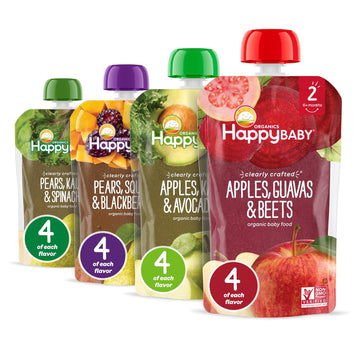 Happy Baby Organics Stage 2 Baby Food Pouches, Gluten Free, Vegan & Healthy Snack, Clearly Crafted Fruit & Veggie Puree, Fruit & Veggie Variety Pack, 4 Ounces (Pack Of 16), Amazon Exclusive