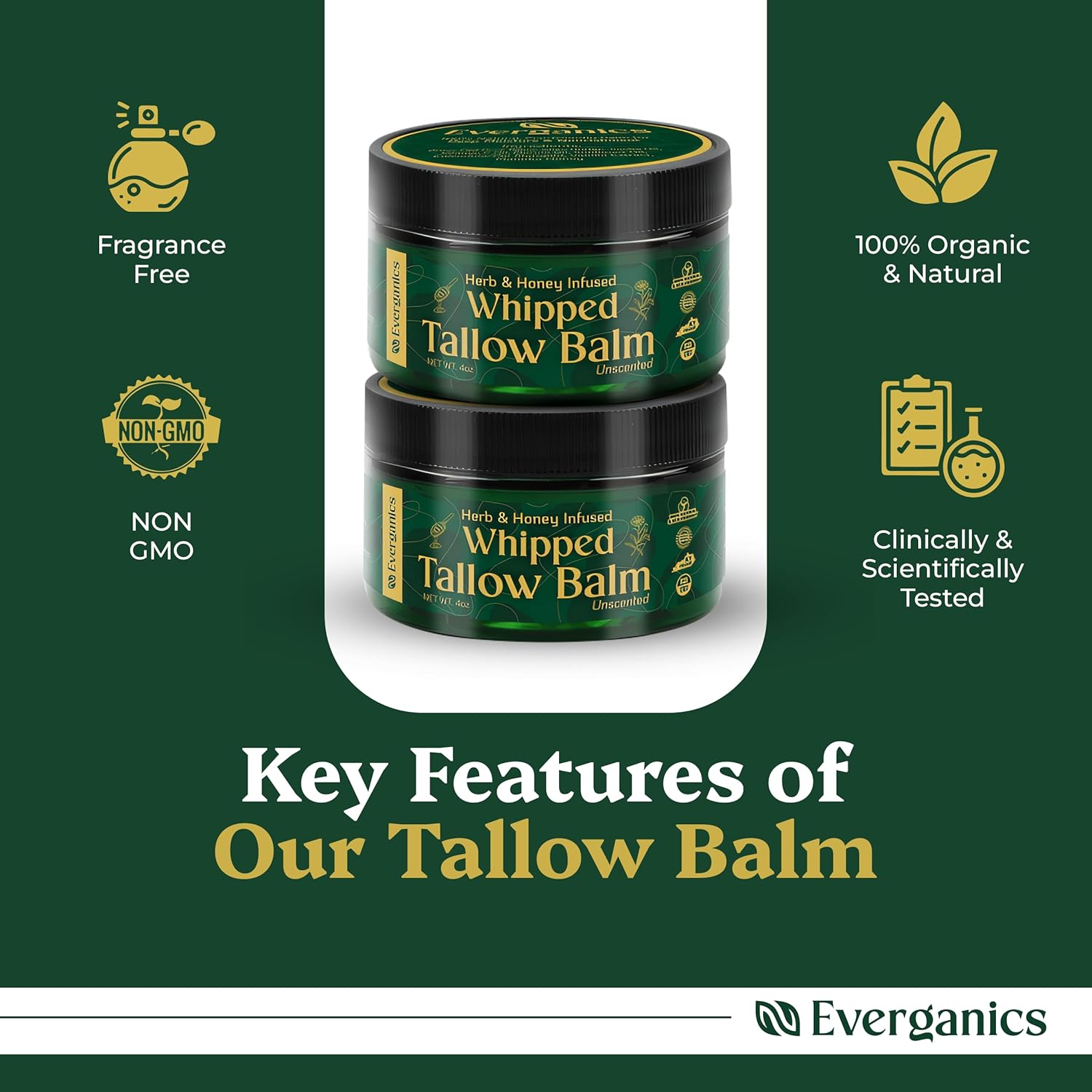 Everganics Organic Whipped Beef Tallow Balm With Herbs & Honey | Grass-Fed Tallow For Face & Skin | Moisturizer For Dry Skin Relief | Unscented, 4Oz : Beauty & Personal Care