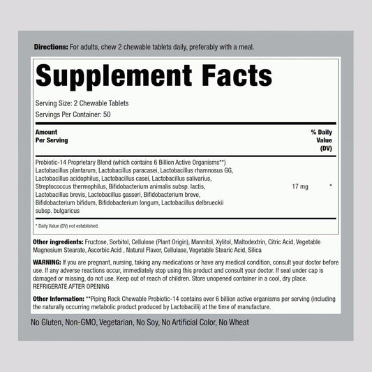 Piping Rock Probiotic Multi Enzymes | 17mg | 100 Chewable Tablets | 14 Strains with 6 Billion CFU | Berry Flavor | Non-GMO, Gluten Free Supplement