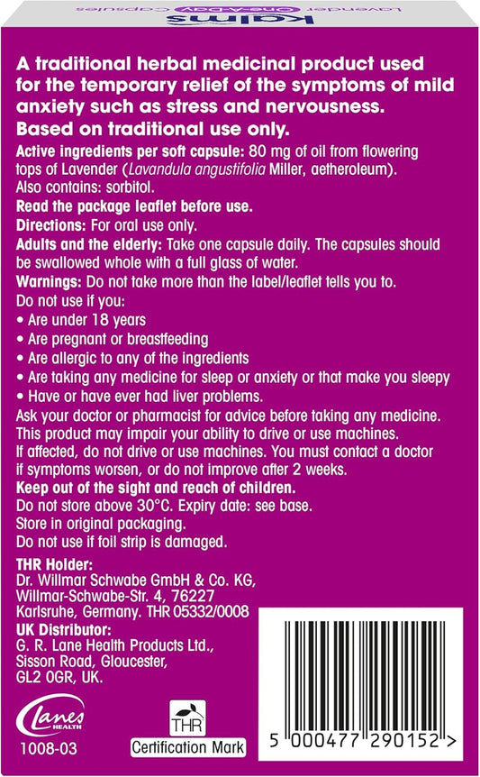 Kalms Lavender - One-A-Day - 14 Capsules - A Traditional Herbal Medicinal Product Used For The Temporary Relief Of The Symptoms Of Mild Anxiety Such As Stress And Nervousness