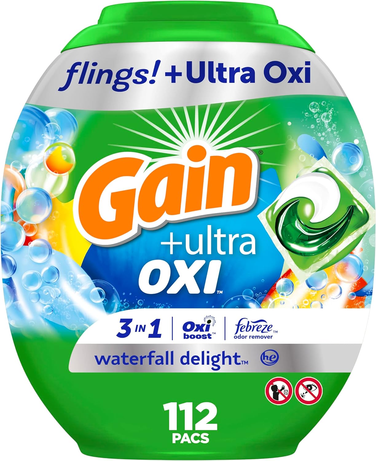 Gain Flings Ultra Oxi Laundry Detergent Pacs, 112 Count, Waterfall Delight Scent, 3-In-1, He Compatible