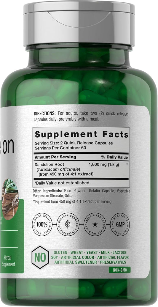 Horbäach Dandelion Root Supplement 1800mg | 120 Capsules | Non-GMO, Gluten Free