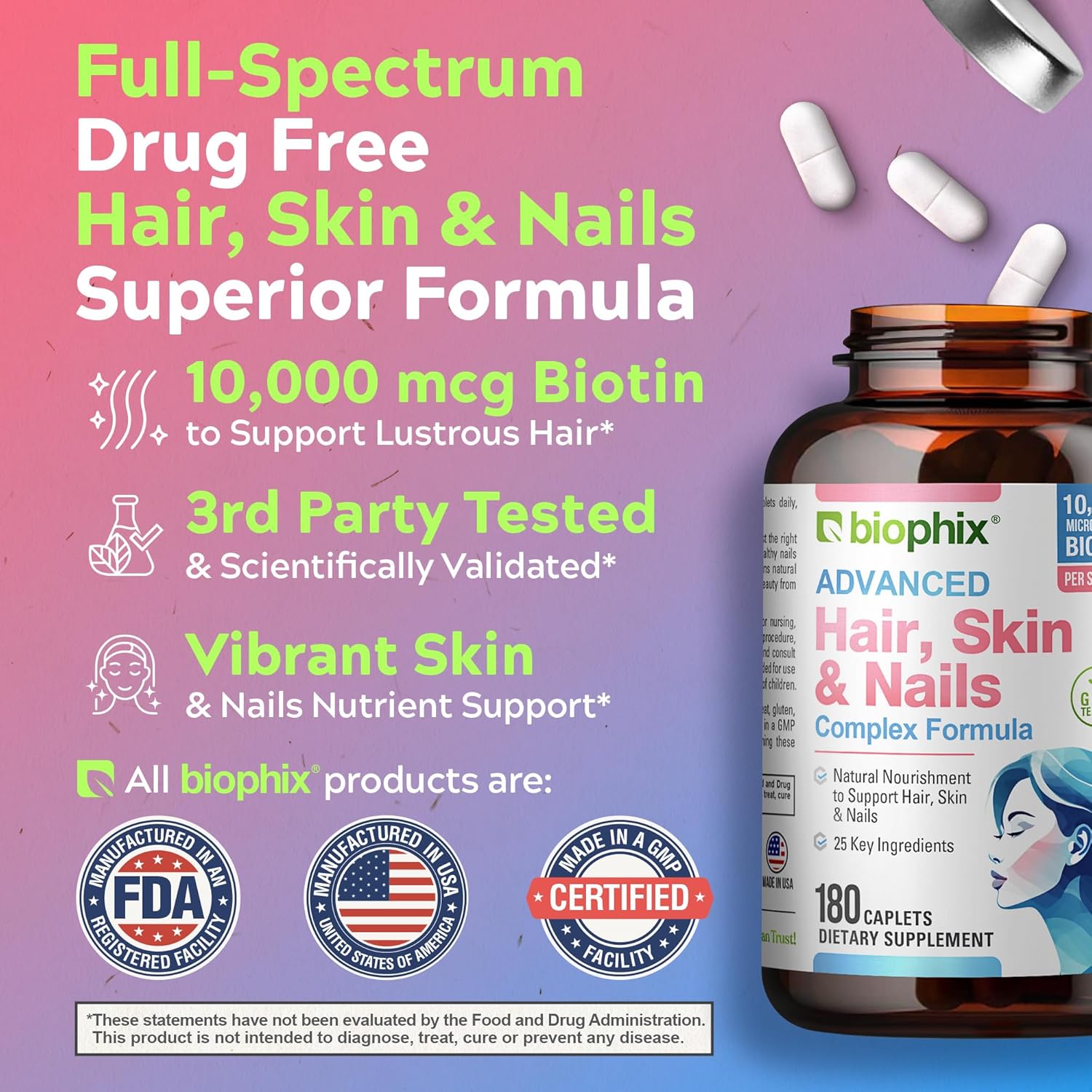 Biophix Hair Skin And Nails Complex 180 Caplets With 10,000 Mcg Biotin - Multivitamin Supports Strong Nails Beautiful Hair Healthy Aging : Health & Household