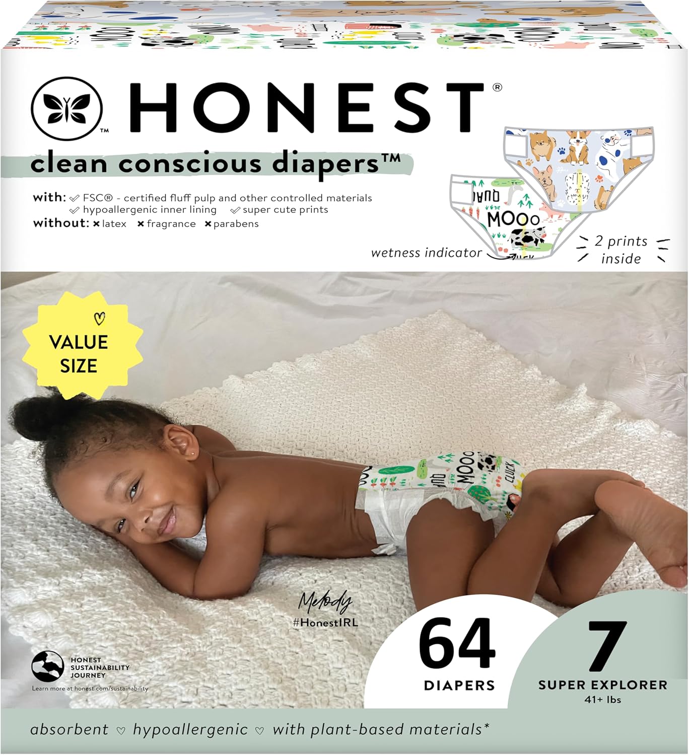 The Honest Company Clean Conscious Diapers | Plant-Based, Sustainable | Barnyard Babies + It’S A Pawty | Super Club Box, Size 7 (41+ Lbs), 64 Count