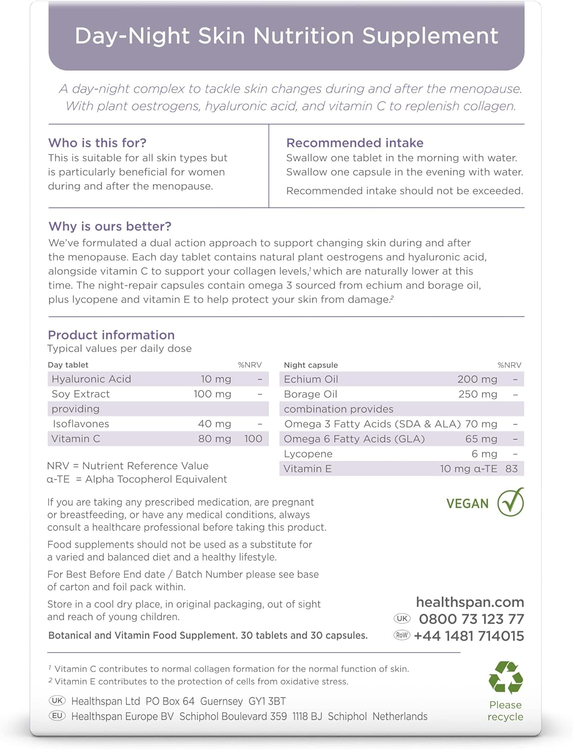Healthspan Day-Night Skin Nutrition Supplement | Contains Soy Bean Extract & Omega 3 with Vitamins C & E | Skin Care | Vegetarian (30 Day Supply) : Amazon.co.uk: Health & Personal Care