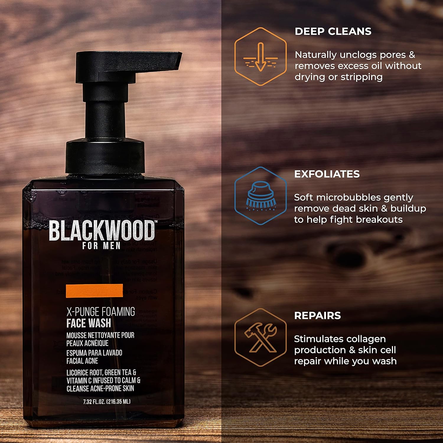 Blackwood For Men X-Punge Foaming Face Wash - Acne Facial Cleanser For Oily to Normal Skin - Deep Cleanse for Exfoliation - Natural Vegan Formula - Paraben Free, Sulfate Free, & Cruelty Free (7.32 oz) : Beauty & Personal Care