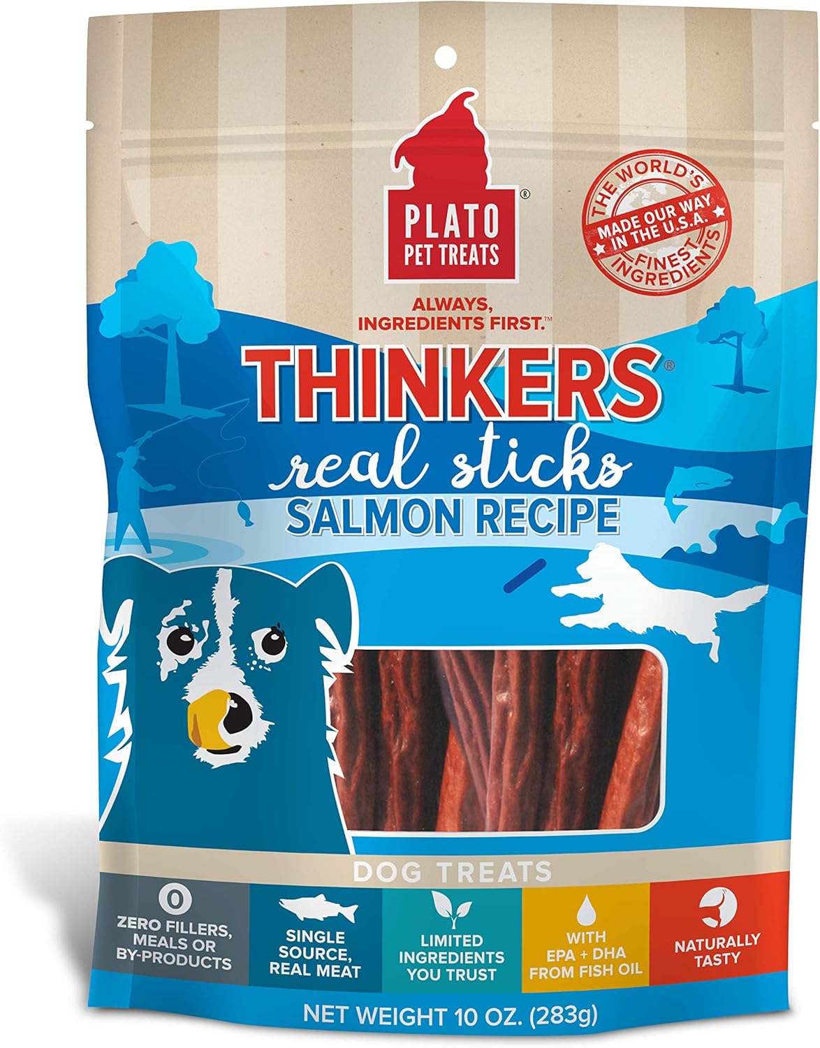 Plato Pet Treats Air Dried Dog Treats Salmon Thinkers Sticks, Natural Dog Treats, Real Meat, Air Dried, Made In The Usa, 10Oz