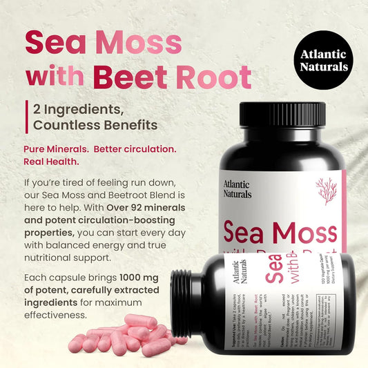 Atlantic Naturals Sea Moss With Beet Root Capsules - Premium Quality Sea Moss Supplement - Sea Moss Superfood To Support Immune Health, Blood Flow, Joint Health & Athletic Performance - 120 Ct