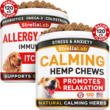 Allergy Relief + Hemp Calming Dogs Bundle - Itchy Skin Treatment + Anxiety Relief - Omega3 & Pumpkin + W/Hemp Oil - Dogs Itching & Licking Treats + Health & Wellness Supplements - 240 Ct - Made In Usa