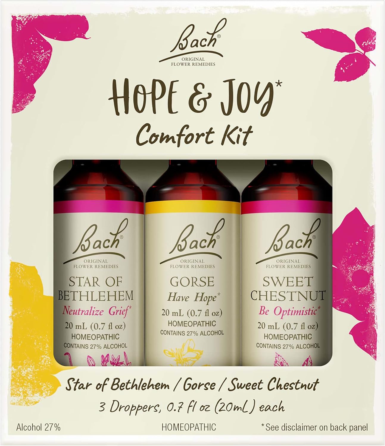 Bach Original Flower Remedies, Hope and Joy Kit, For Comfort and Optimism, Natural Homeopathic Flower Essence, Holistic Wellness, Vegan, 3 x 20mL Droppers
