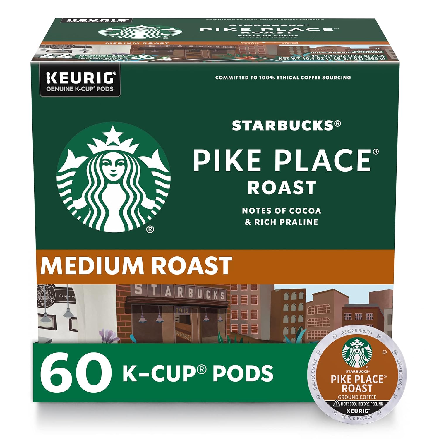 Starbucks K-Cup Coffee Pods, Medium Roast Coffee, Pike Place Roast For Keurig Brewers, 100% Arabica, 6 Boxes (60 Pods Total)