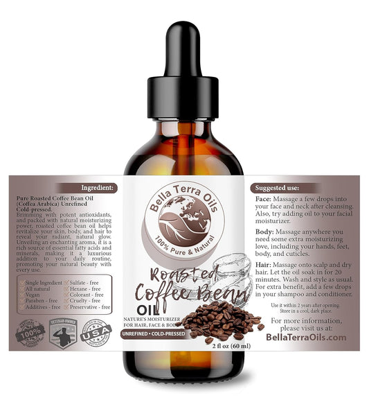 Bella Terra Oils - Roasted Coffee Bean Oil 2oz - The Ultimate Coffee Serum, Abundant in Palmitic Acid & Vitamin E, Dive into Coffee's Nourishing Embrace