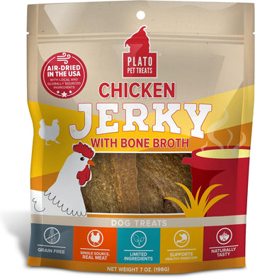 Plato Pet Treats Air Dried, Real Meat, Chicken Jerky With Bone Broth Dog Treats, Made In The Usa, Grain Free, 7Oz