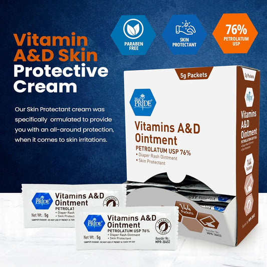 Med Pride Vitamins A&D Ointment Diaper Rash Cream Packets Adults Ad Skin Protectant 5G Packets 144 Ct Lanolin & Petrolatum For Chafing Cuts Dry Skin
