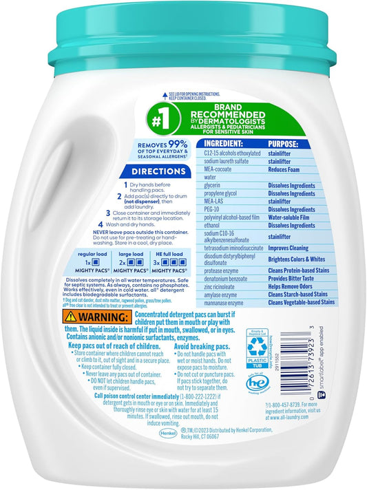 All Mighty Pacs Laundry Detergent Free Clear Odor Relief, Tub, 56 Count