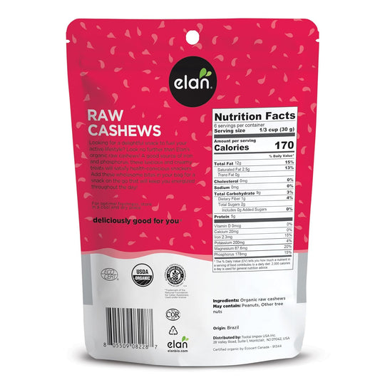 Elan Organic Raw Cashews 6.5 oz, Unroasted, Unsalted, Non-GMO, Vegan, Gluten-Free, Kosher, Raw Nuts, Healthy Snack
