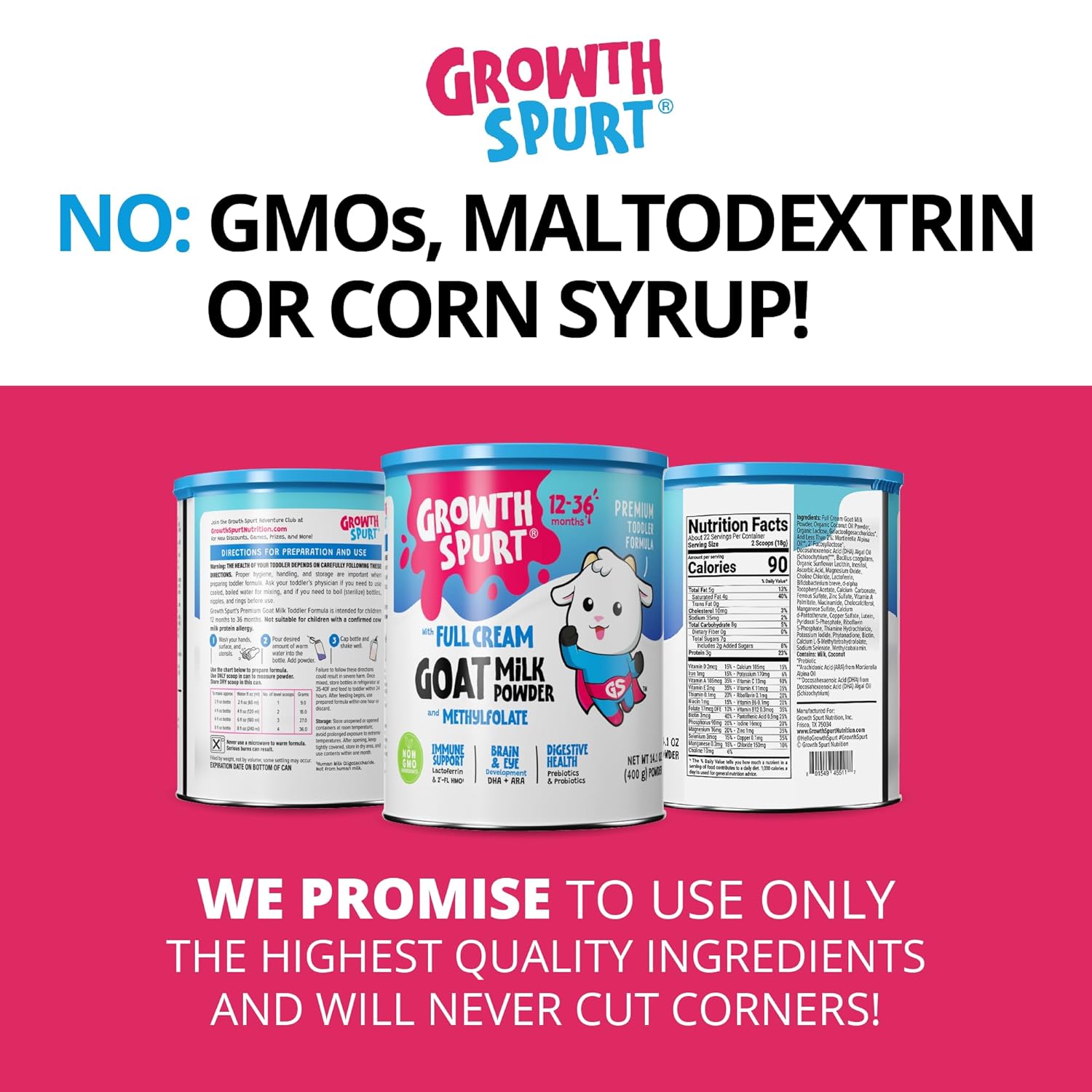 Goat Milk Toddler Formula – Growth Spurt Powdered Comfort & Gentle Formula – Lactoferrin, 2'-FL HMO, Prebiotics, Probiotics, Iron, DHA & ARA, Methylfolate, Immune Support, Non GMO Baby Transition Weaning : Baby